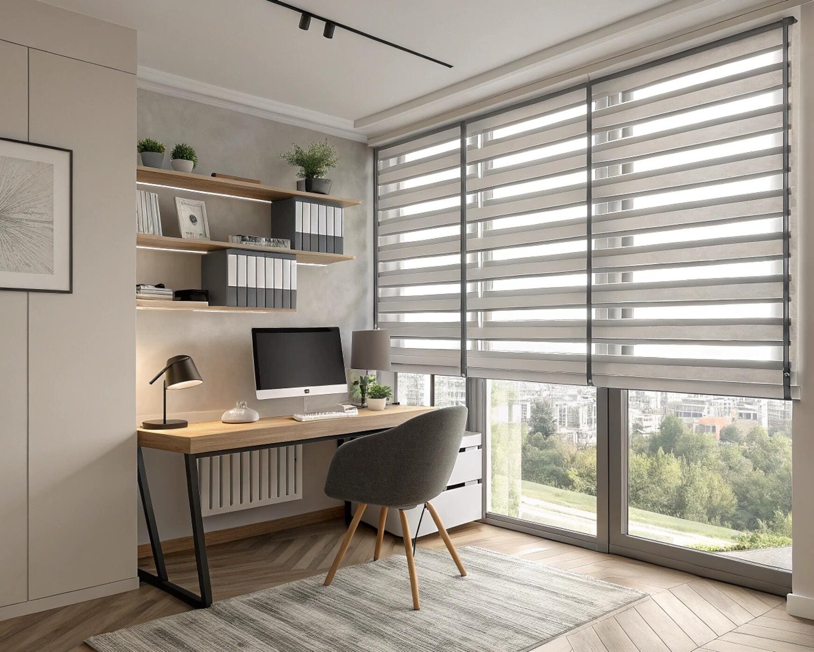 Modern Zebra shades in a home office providing adjustable light control and privacy.