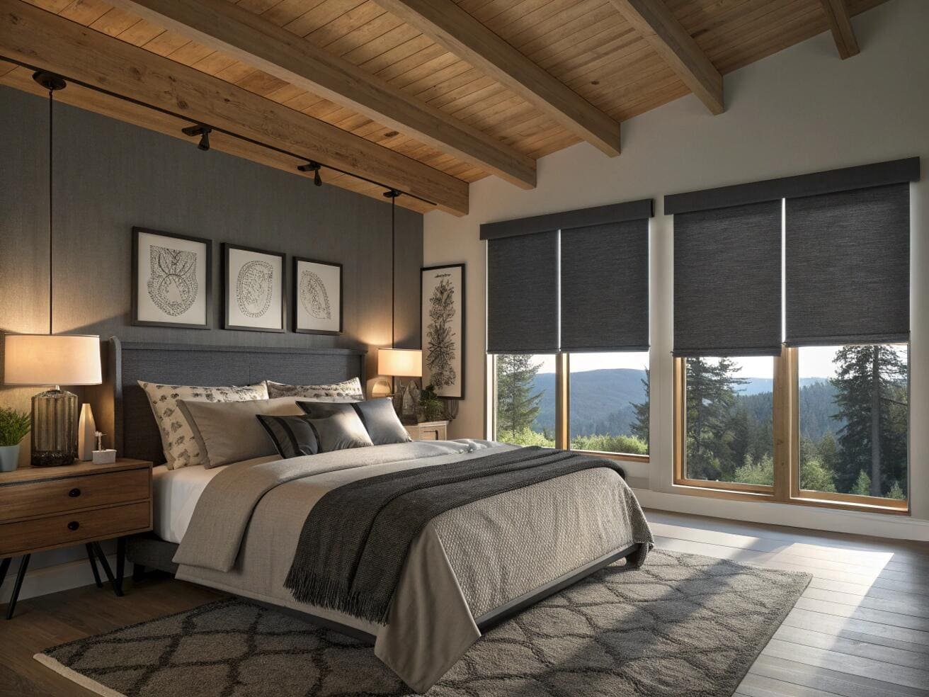 Rustic bedroom featuring blackout roller shades for complete darkness and restful sleep.