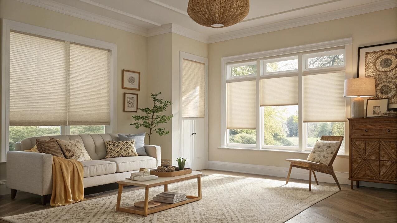 Light-filtering cellular shades provide a warm and cohesive look in a traditional living room.