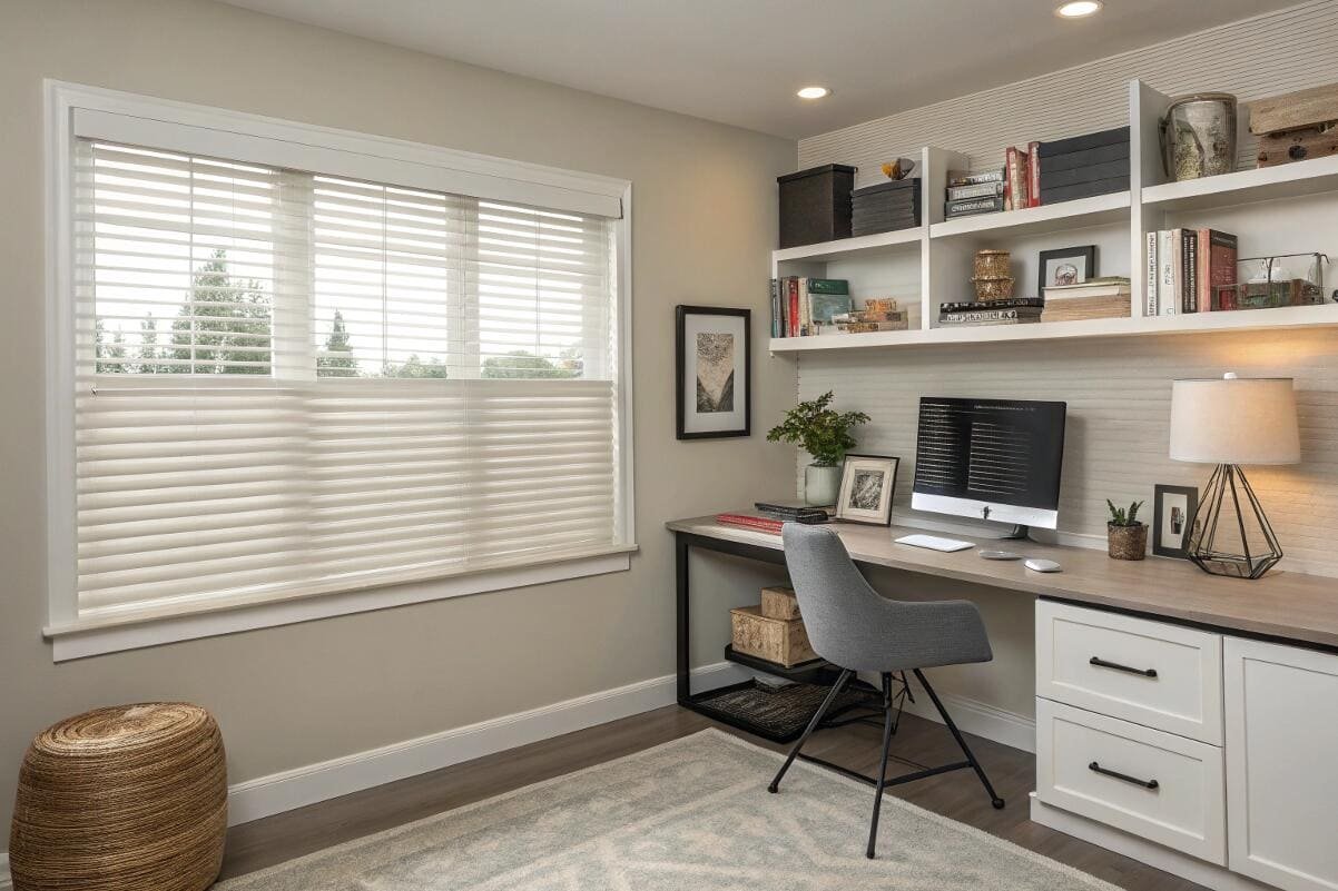 Sheer horizontal shades softly diffuse light and reduce screen glare in a home office.