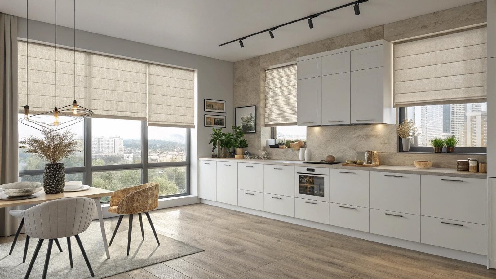 Linen-textured Roman shades offer soft, filtered light in a sleek, modern city kitchen.
