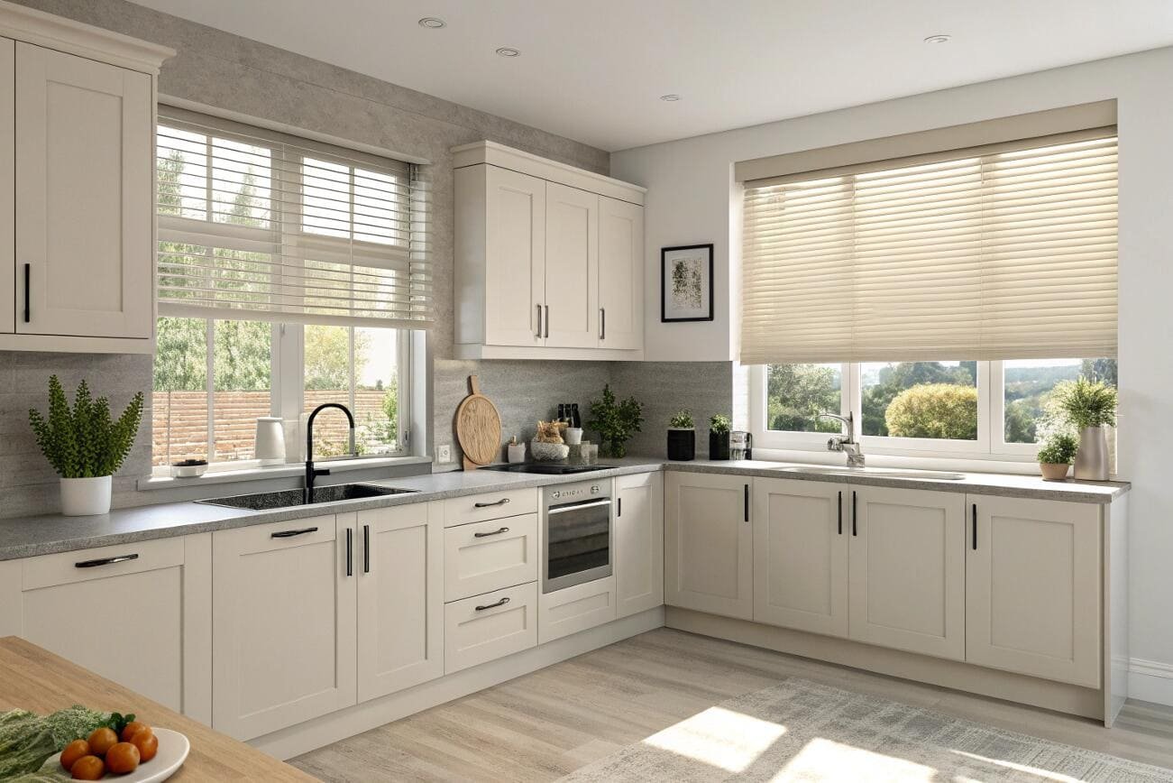 Moisture-resistant Venetian blinds are a practical and stylish solution for a modern kitchen.