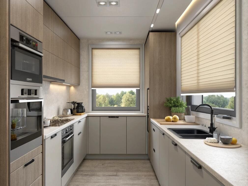 Energy-efficient cellular shades offer a clean look and light control for a galley kitchen.