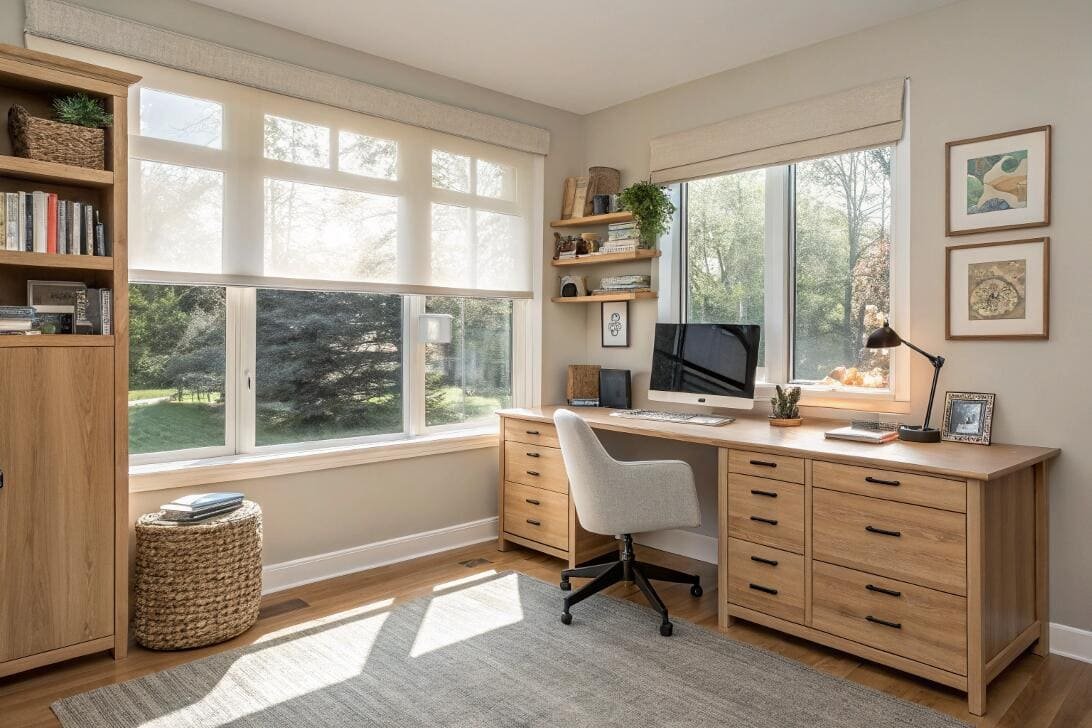 A light-filtering roller shade reduces glare while preserving the view in a modern home office.