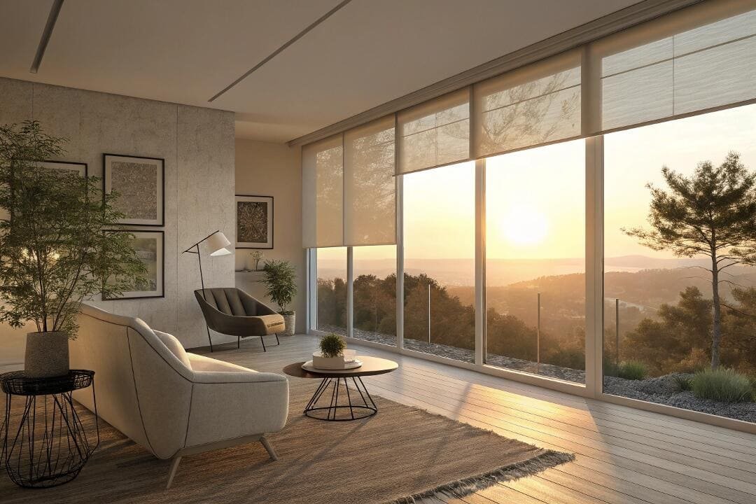 Motorized solar shades reduce glare while preserving the sunset view through floor-to-ceiling windows.