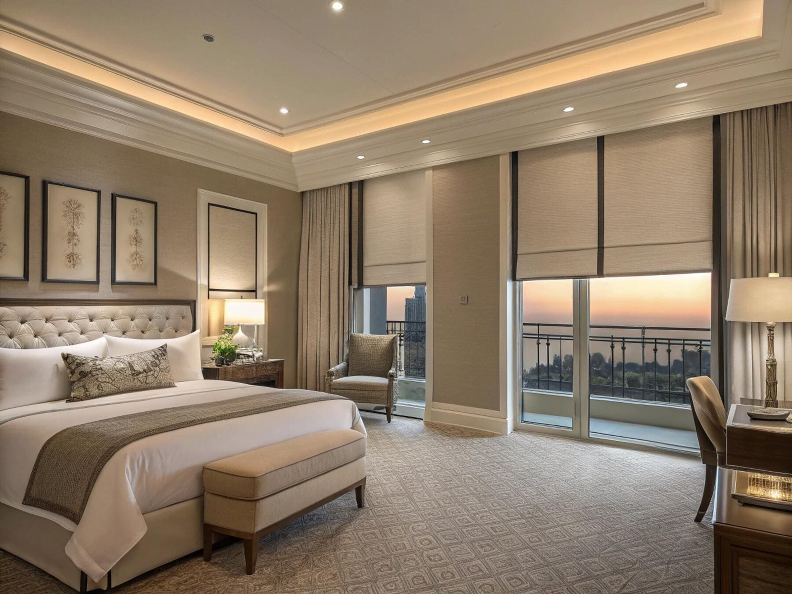 Custom Roman shades with edge banding offer light-filtering elegance for a luxury hotel suite.