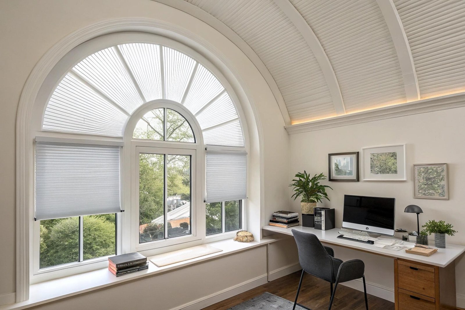 A light-filtering sunburst shade provides a clean, custom solution for an arched office window.