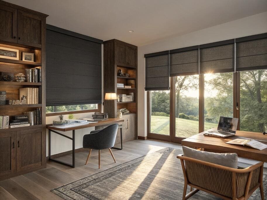 Blackout Roman shades provide complete light control in a sophisticated modern home office.