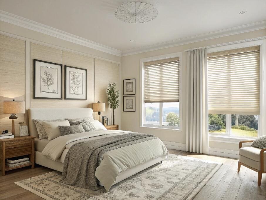 Top-down bottom-up cellular shades paired with drapes offer layered light control in a bedroom.