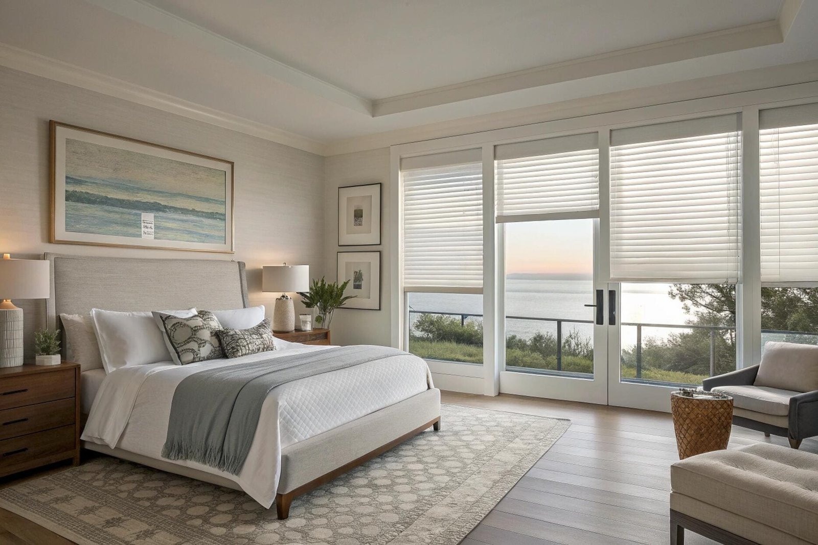Top-down bottom-up shades provide privacy while preserving ocean views in a master bedroom.