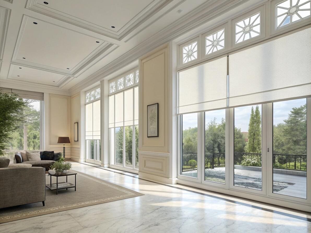 Luxury roller shades with custom valances suit a grand living room with transom windows.
