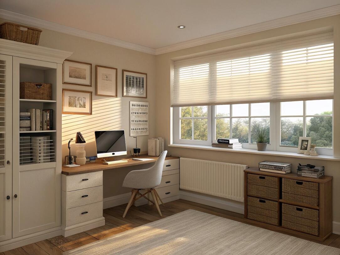 A light-filtering pleated shade offers privacy and soft, ambient light for a home office.
