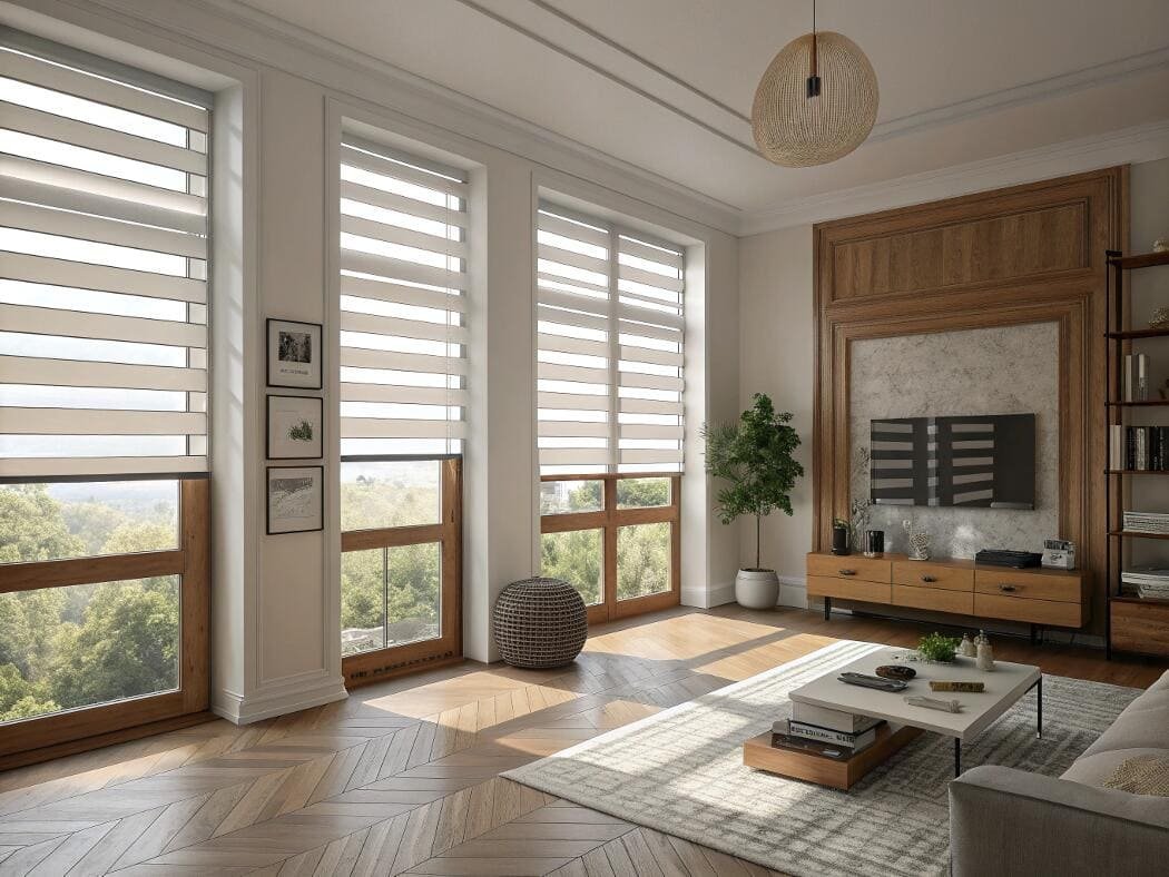 Transitional zebra shades offer adjustable light and privacy in a modern living room.