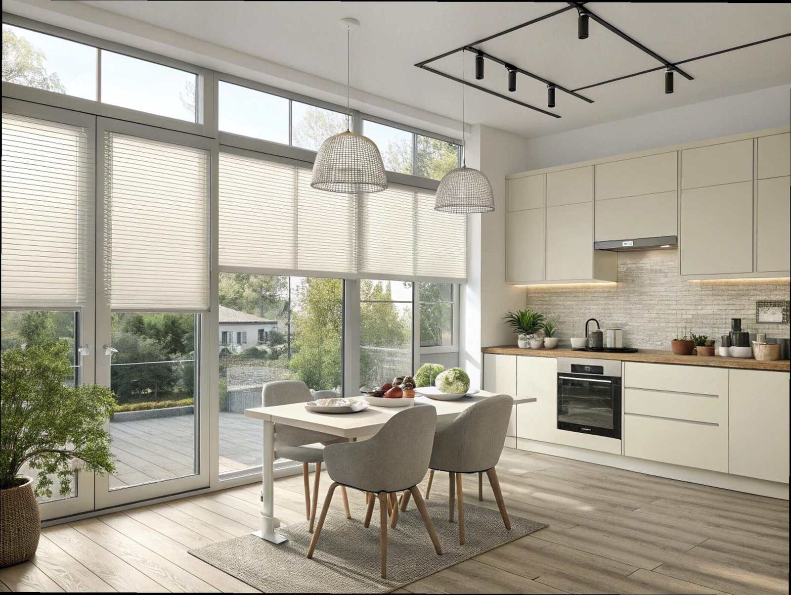 Cordless honeycomb shades provide a sleek finish for modern kitchen windows and glass doors.