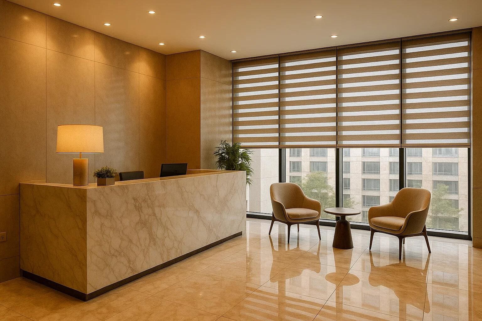Transitional shades create a professional, welcoming atmosphere in a modern office reception area.