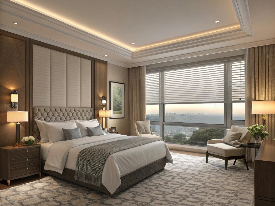 Sleek venetian blinds are layered with curtains for total light control in a luxury bedroom.