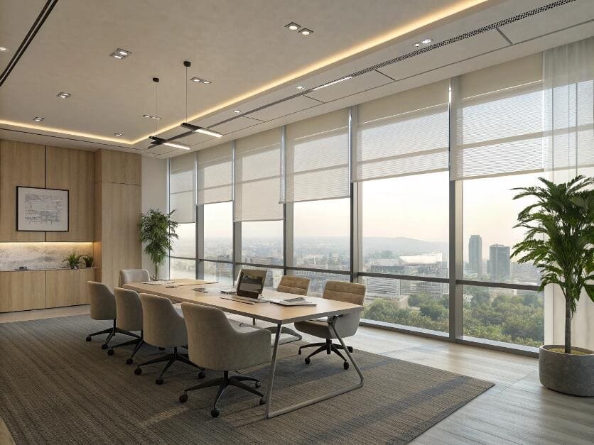 Motorized solar shades reduce glare while preserving the view in a high-rise conference room.