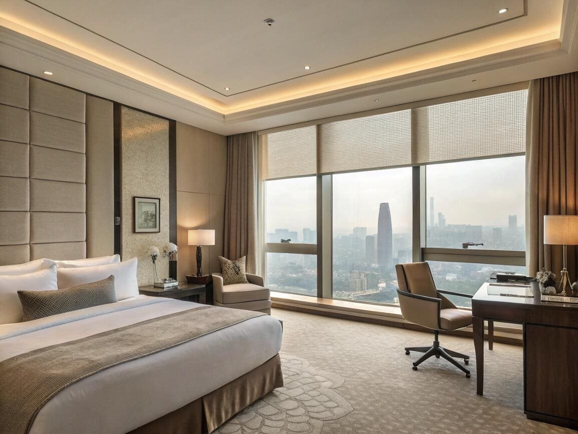 Solar shades offer UV protection and preserve the skyline view in a luxury hotel room.