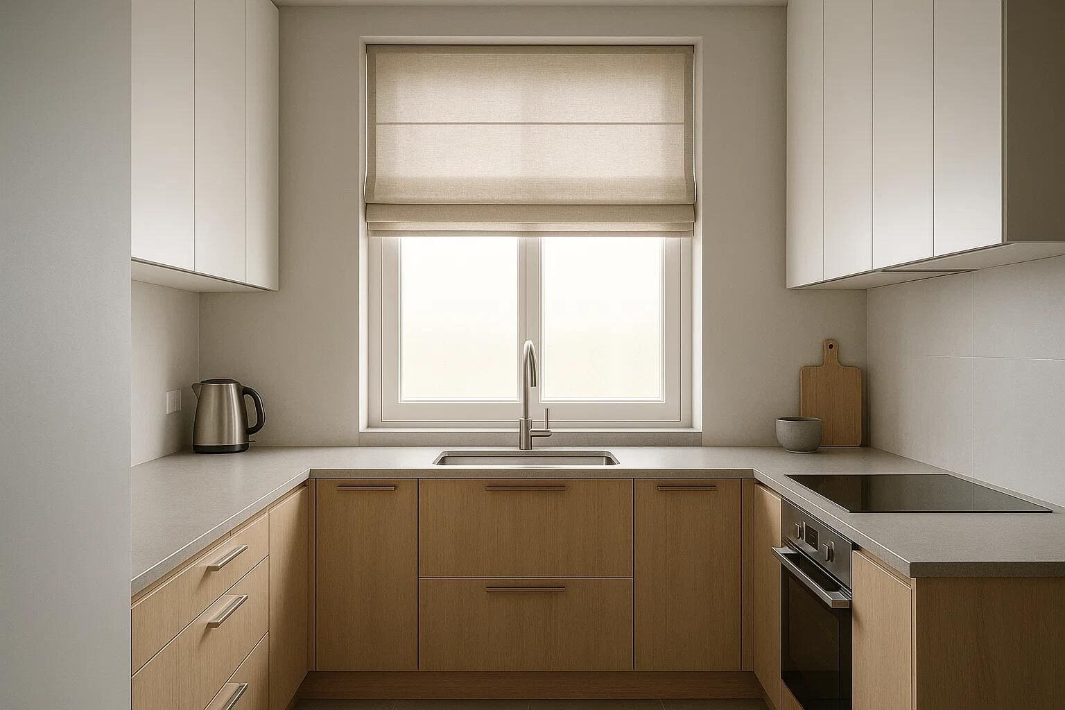 A single fabric Roman shade offers simple light control in a modern minimalist kitchen.