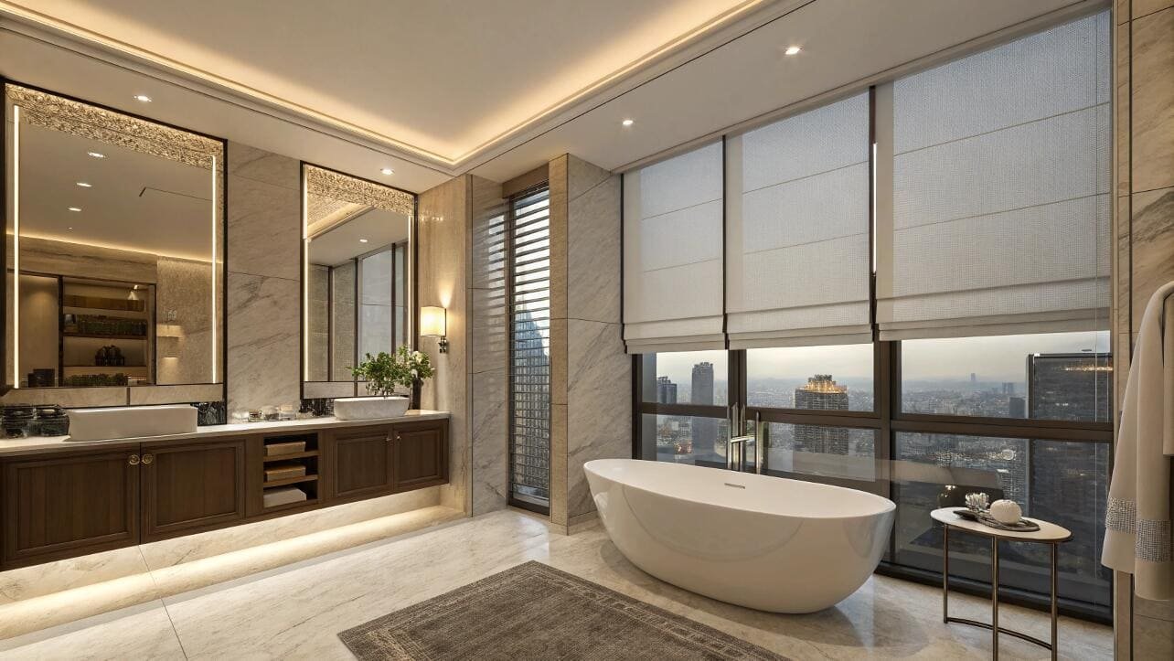 Fabric Roman shades add a layer of soft elegance to a luxury marble bathroom.
