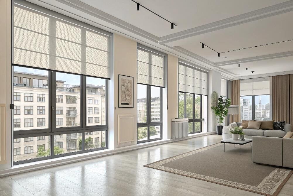 Classic Roman and roller shades create a uniform look in a large residential space.