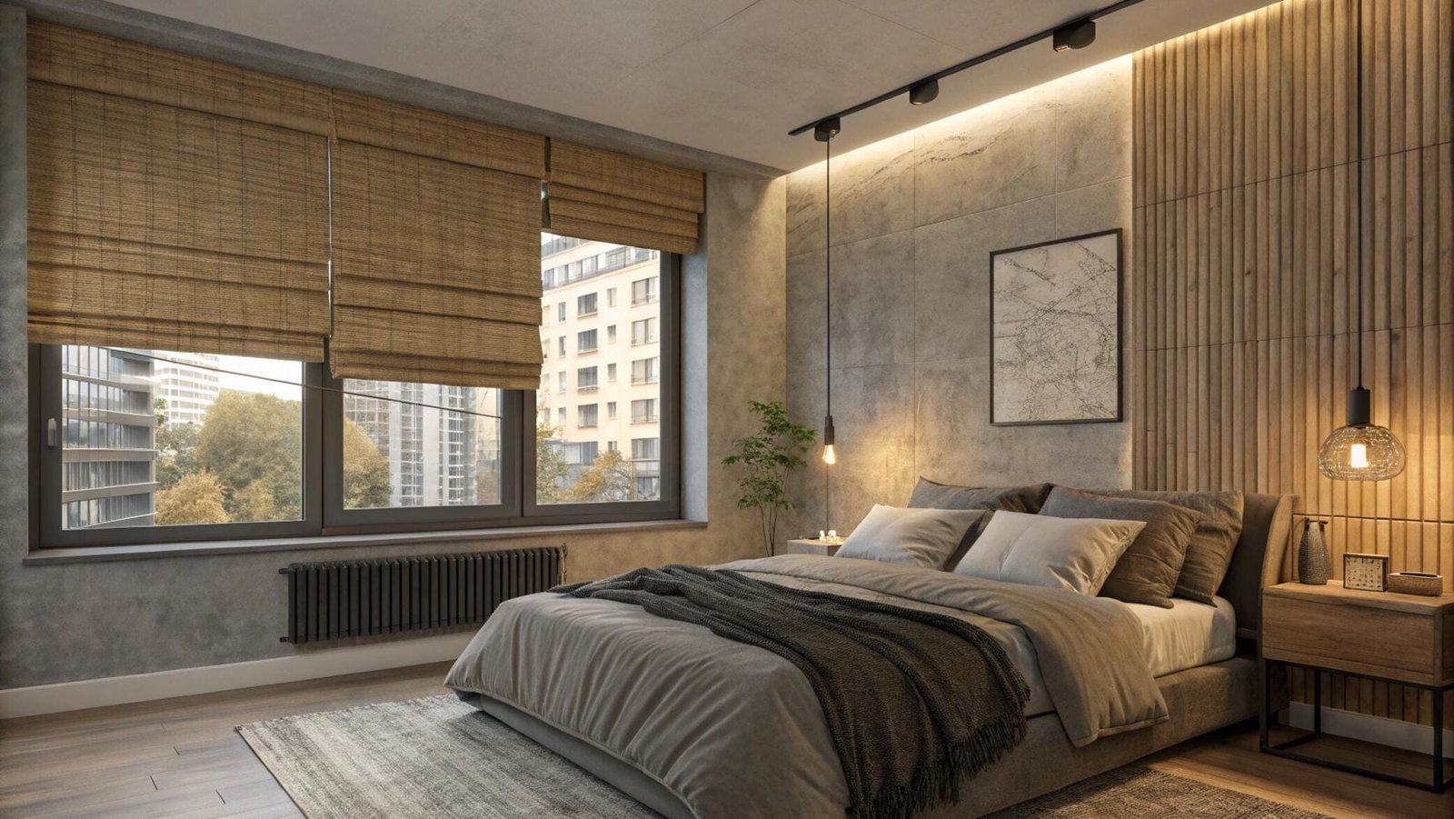 Natural woven Roman shades soften the look of an industrial bedroom with concrete walls.