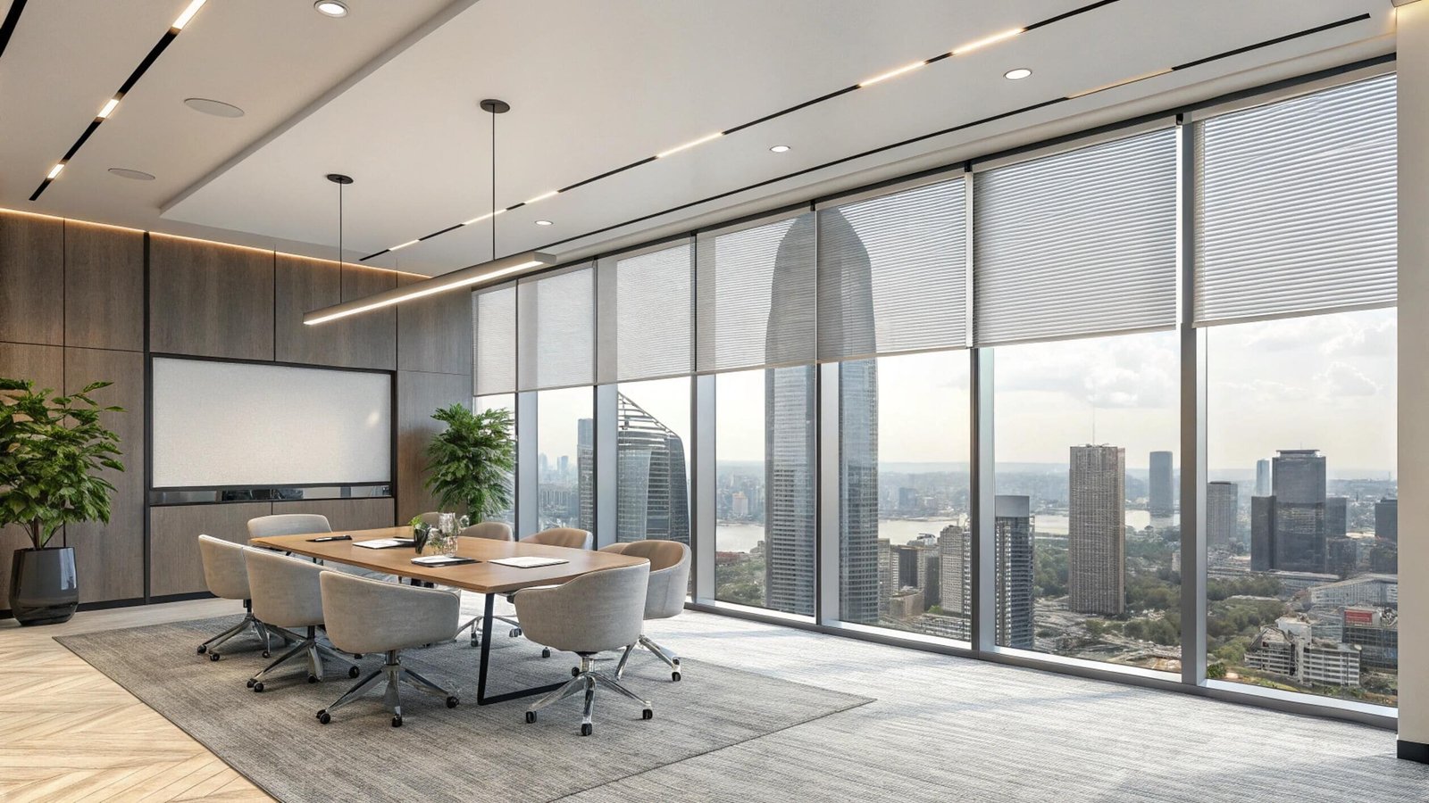 Light-filtering pleated shades offer privacy and style in a modern high-rise conference room.