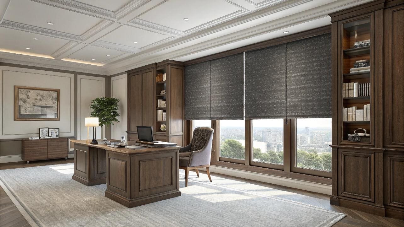 Dark woven Roman shades provide privacy and sophistication in a traditional executive office.