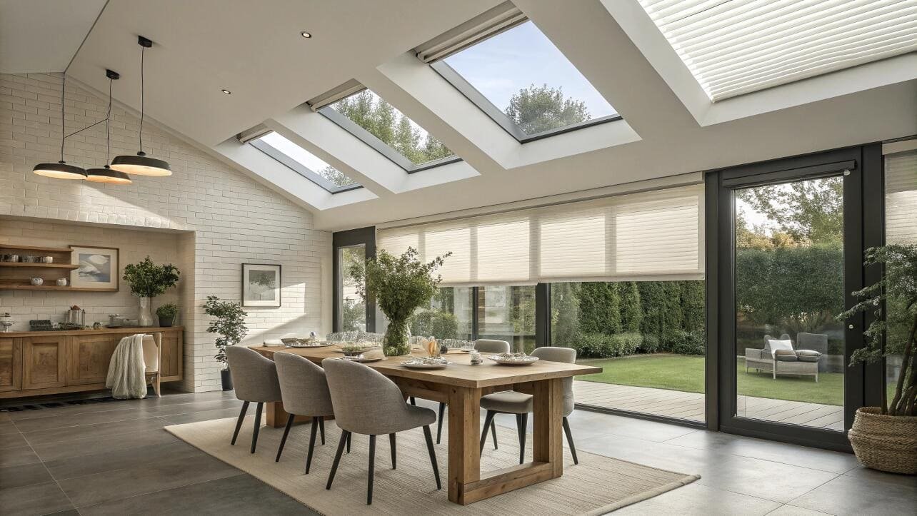 Skylight and door cellular shades create a cohesive look in a modern dining room extension.