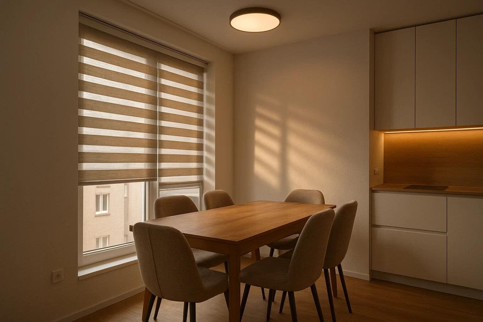 A wide zebra shade offers adjustable lighting and privacy for a modern dining area.