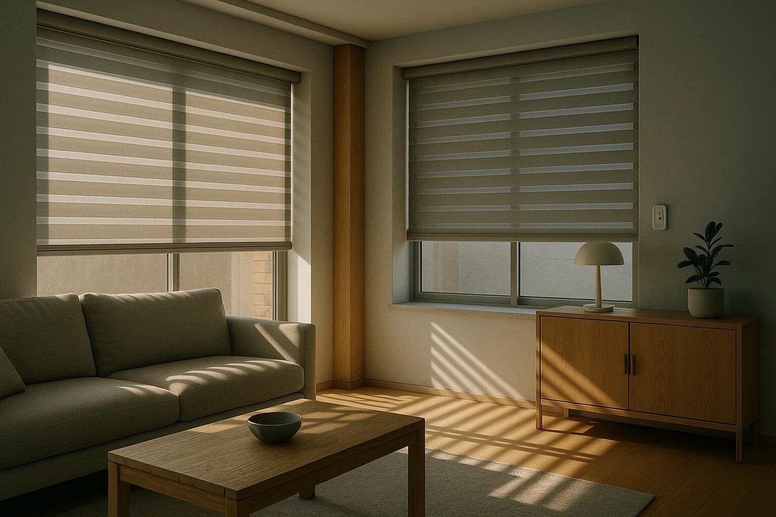 Motorized zebra shades cast stylish shadows while providing adjustable light in a living room.