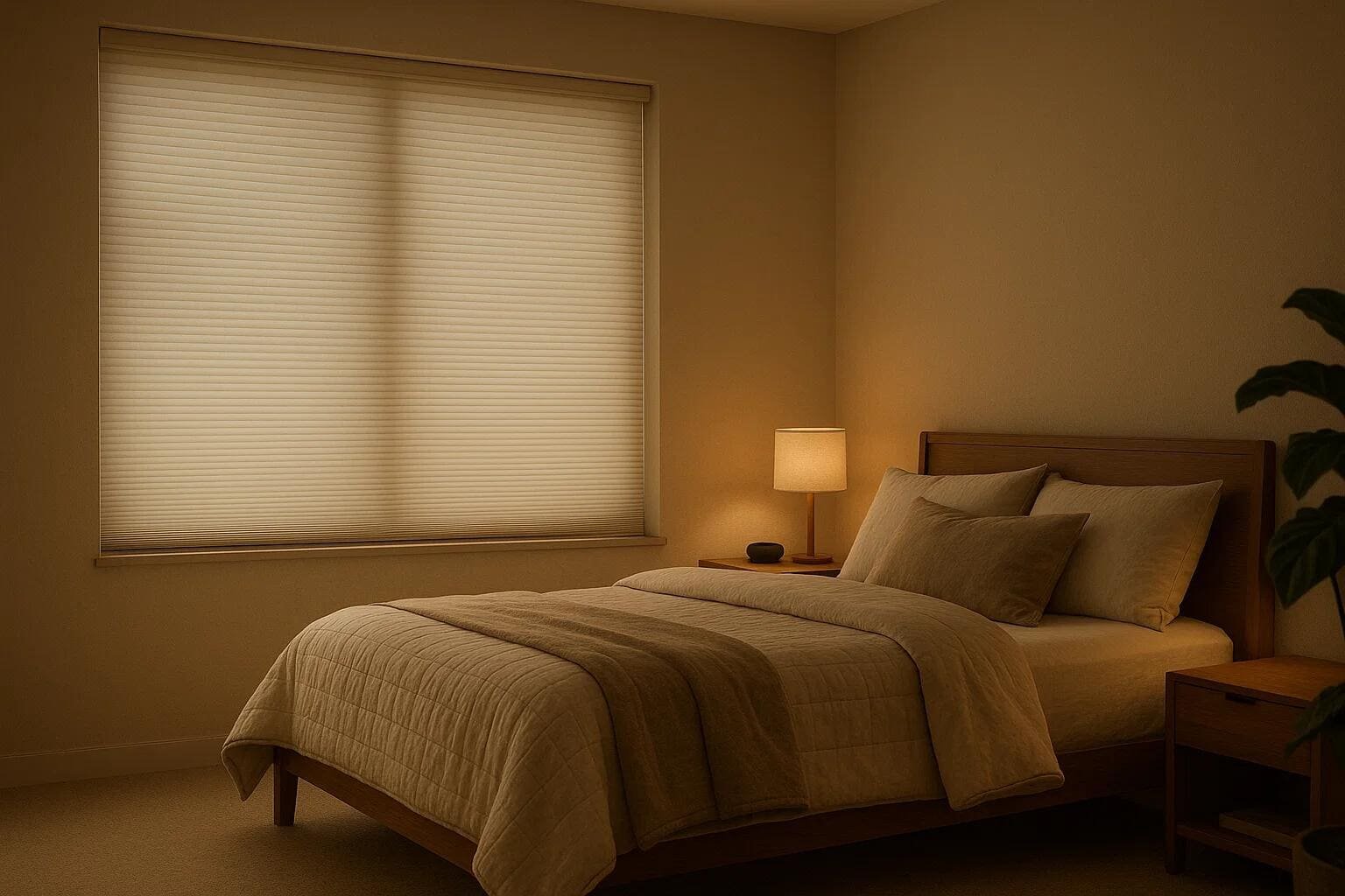 Room-darkening cellular shades provide privacy and excellent light control for a peaceful bedroom.