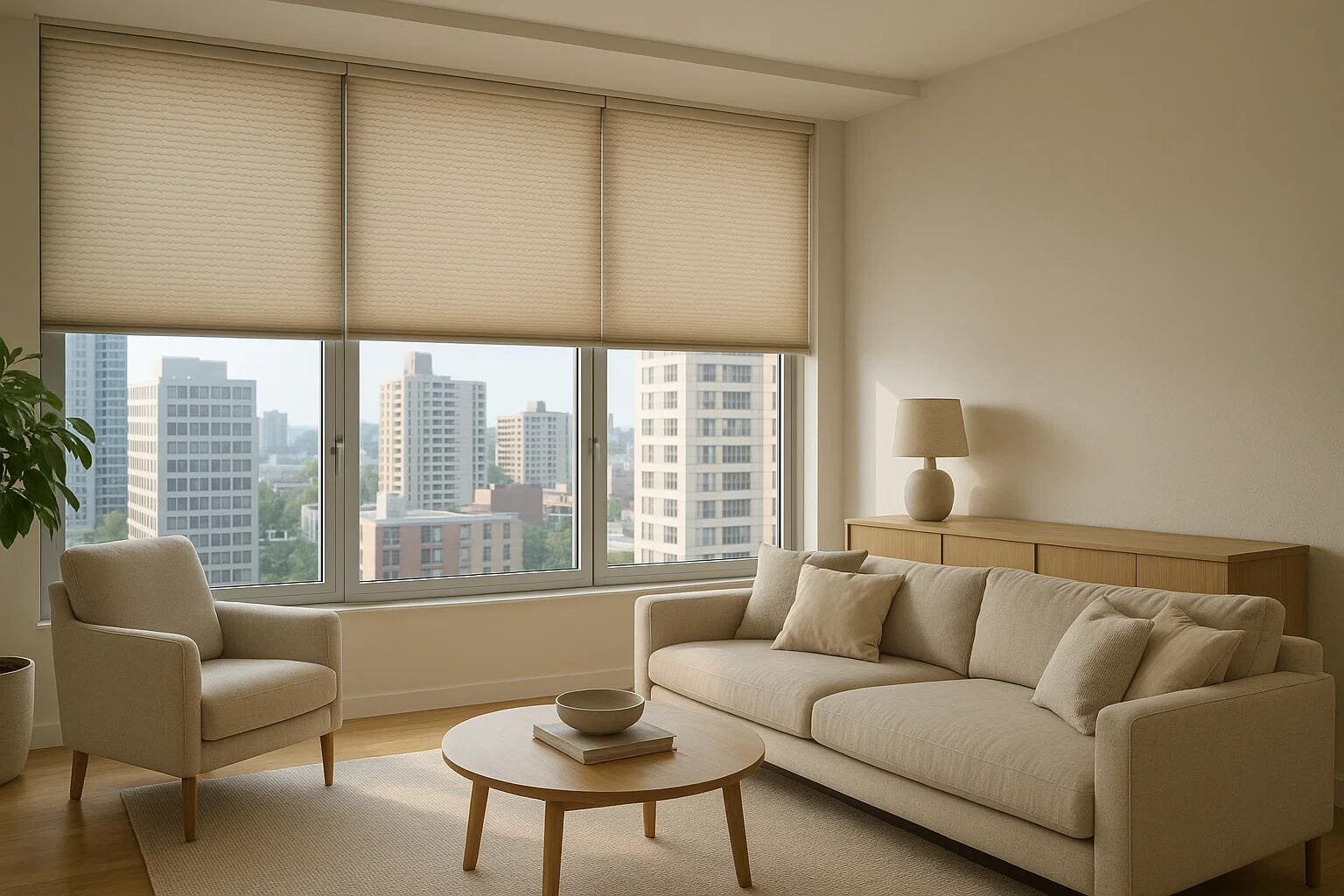 Top-down cellular shades offer light and privacy control in a high-rise apartment living room.