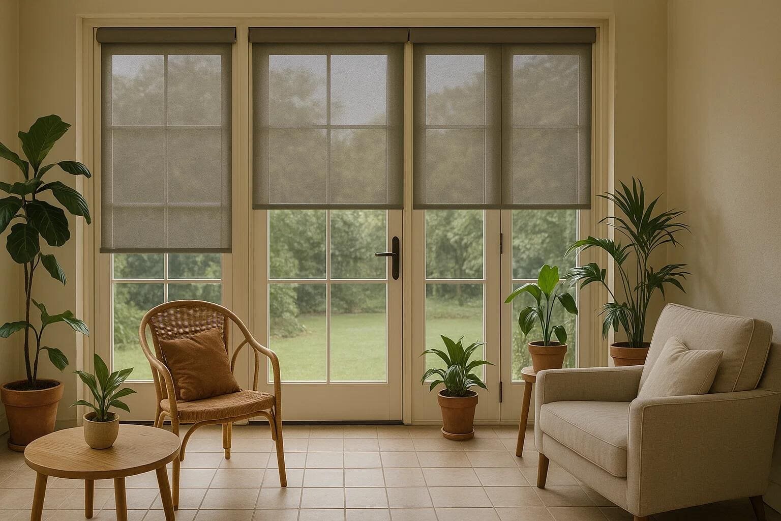 Solar shades reduce glare and UV rays on French doors in a bright, plant-filled sunroom.