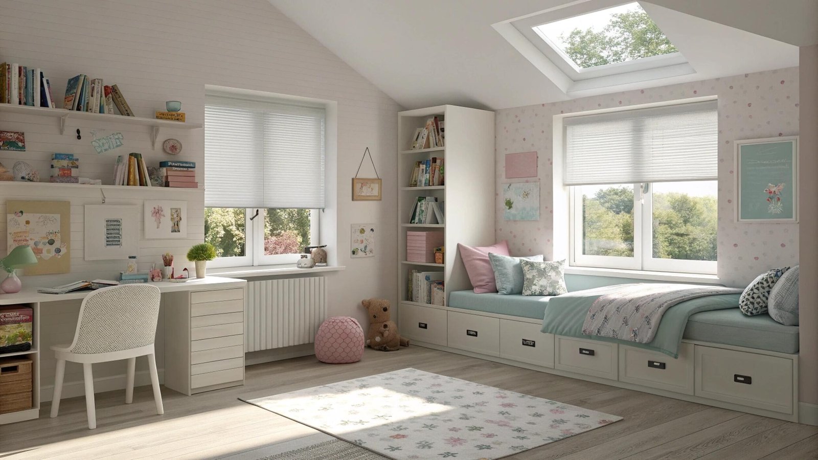Pleated shades provide adjustable light control for standard and skylight windows in a child's room.