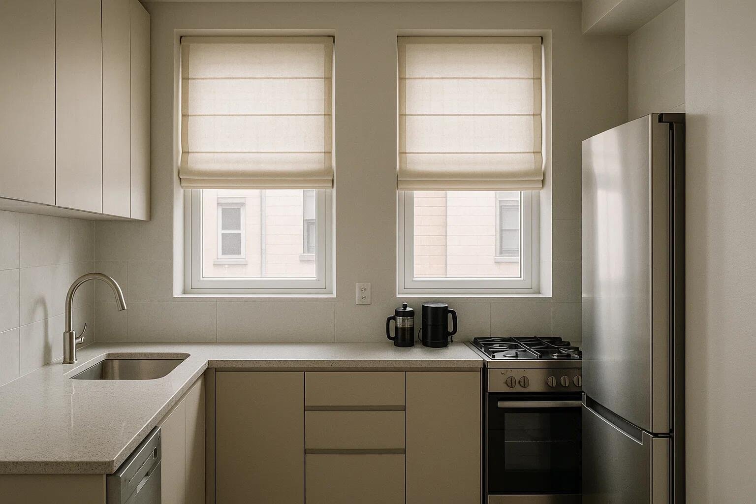 Light beige Roman shades provide a clean, modern window treatment for a compact kitchen.