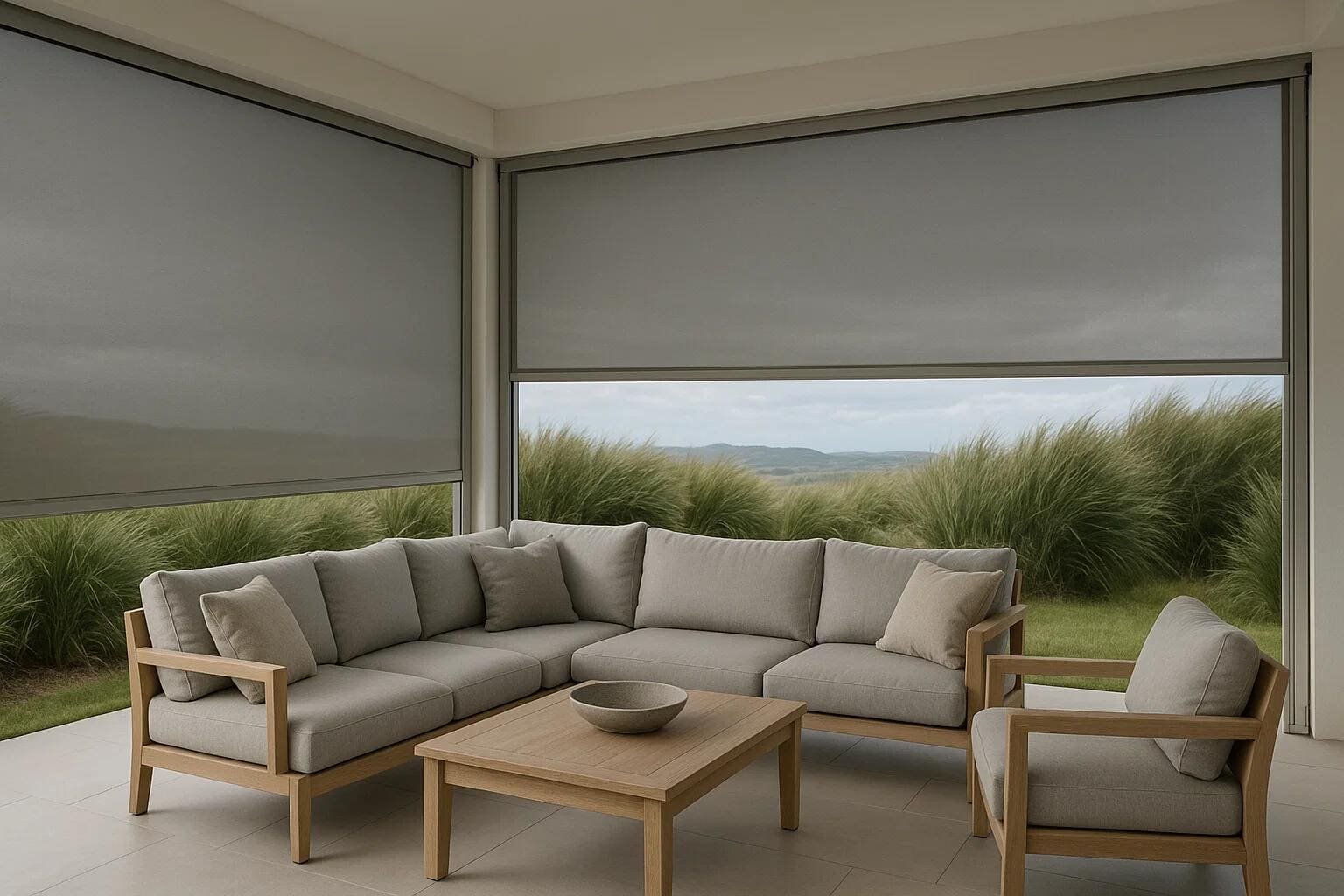 Gray solar shades offer UV protection and preserve the view for a modern covered patio.