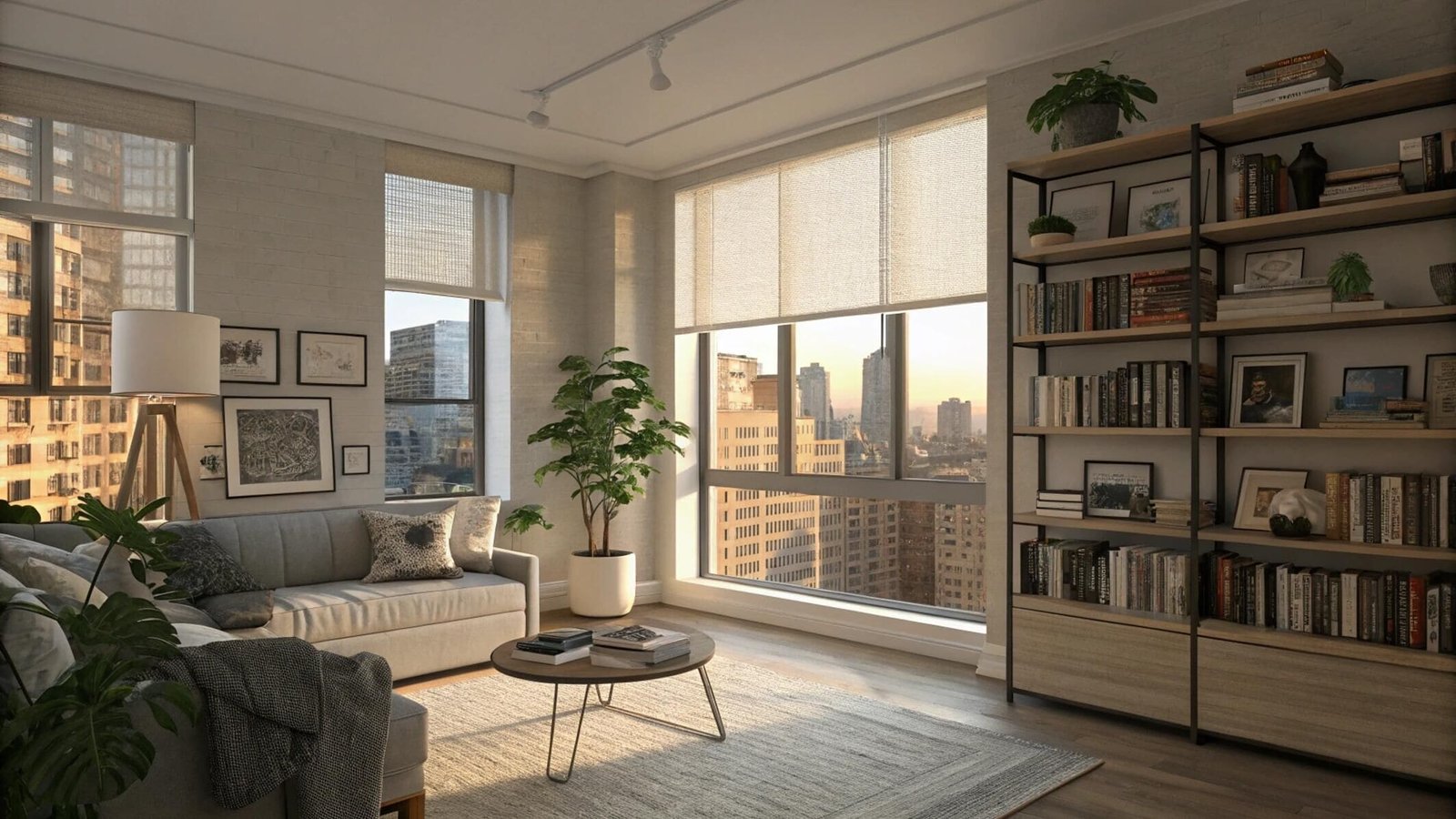 Woven-textured roller shades complement an industrial-style urban living room with a city view.