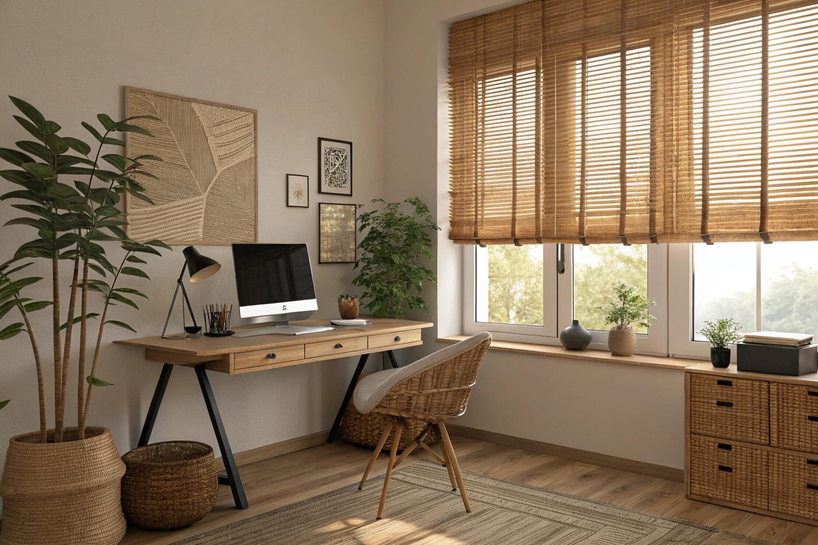 A home office with a natural woven blind providing soft, diffused light for productivity.