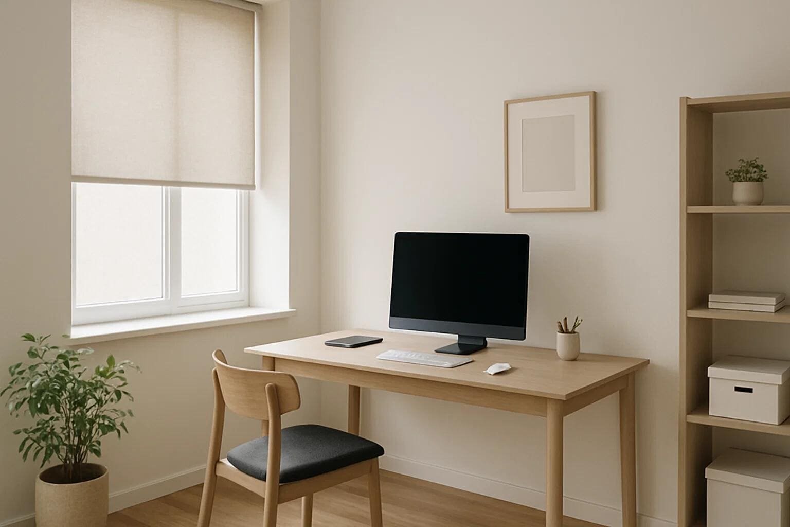 A light-filtering roller shade provides soft, diffused light in a minimalist home office.