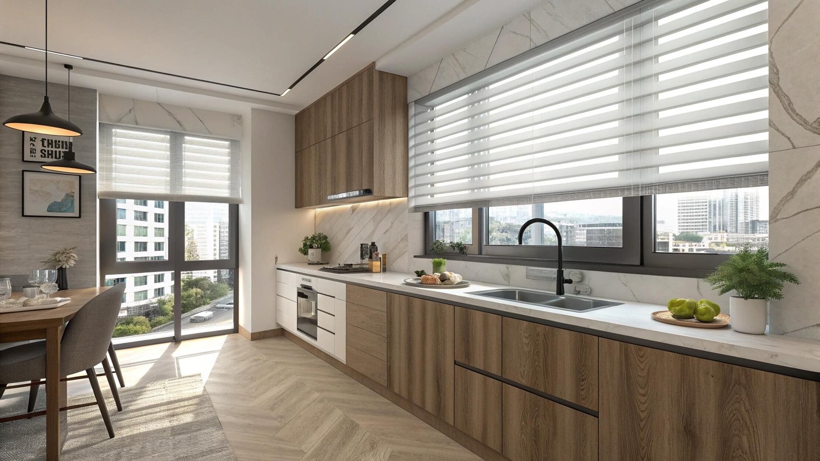 White Zebra shades provide stylish, adjustable light control in a modern apartment kitchen.