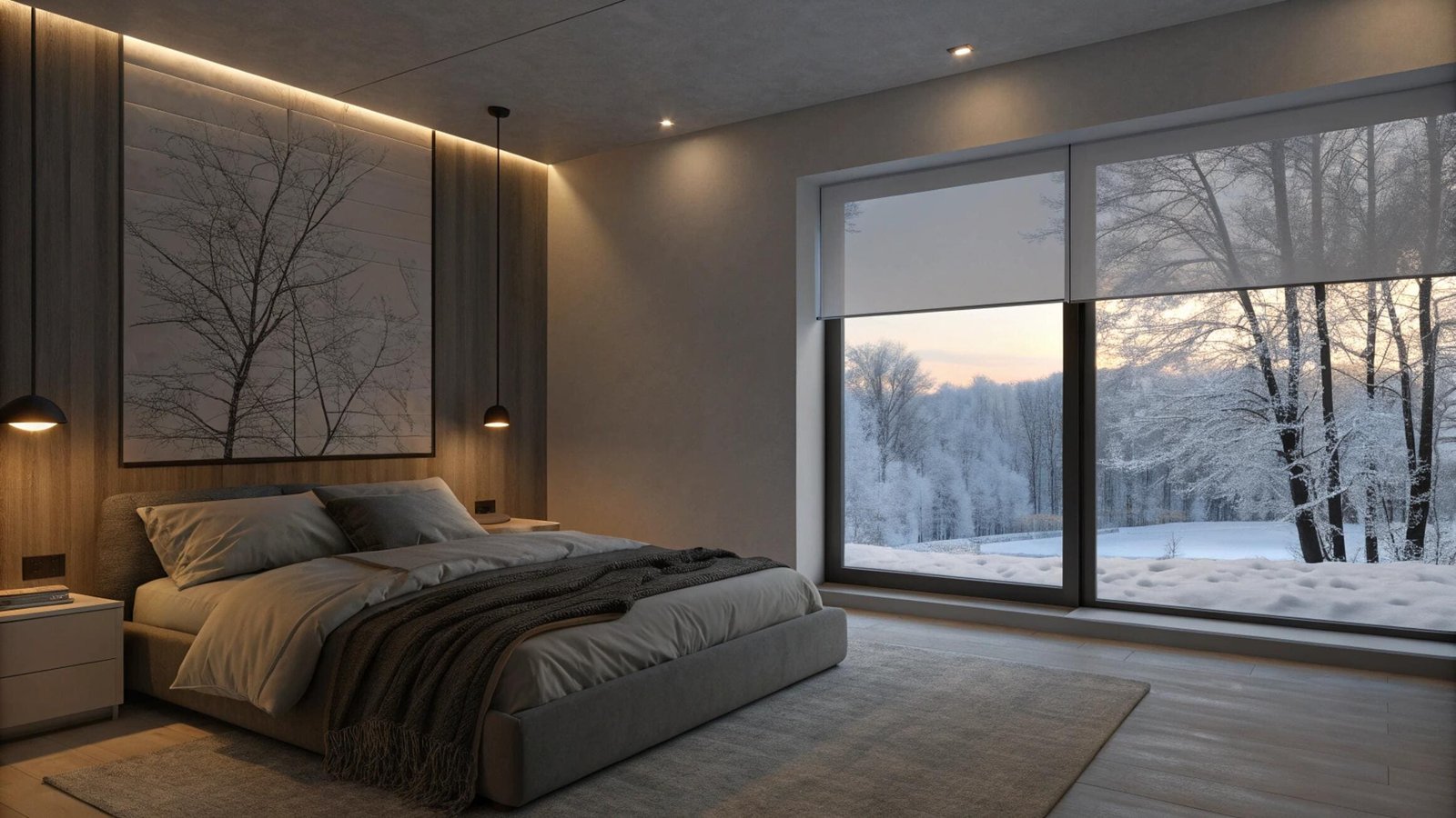 A dual shade system with a blackout roller provides privacy in a winter bedroom.