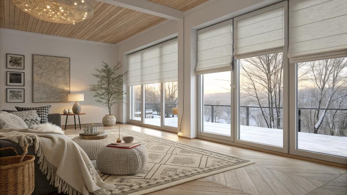 Light-filtering Roman shades offer a soft, warm look in a bright, modern living room.