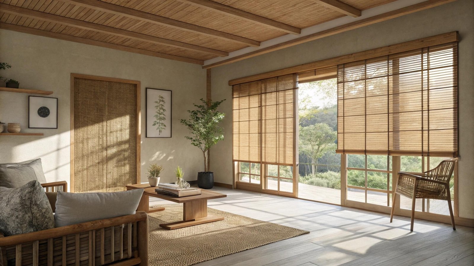 Woven wood blinds on sliding glass doors in a minimalist Japandi style living room.