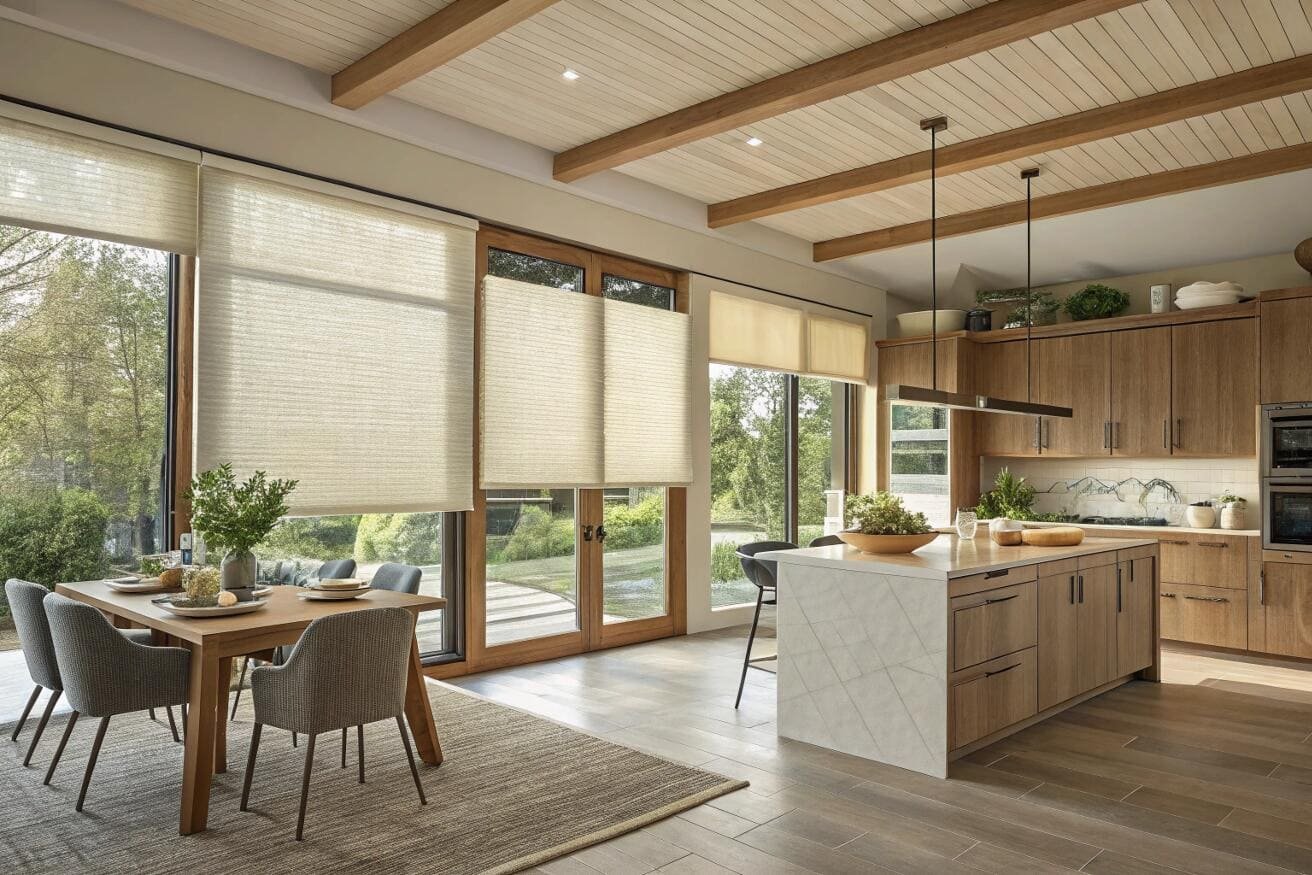 Top-down bottom-up cellular shades offer flexible privacy and energy efficiency in a kitchen.