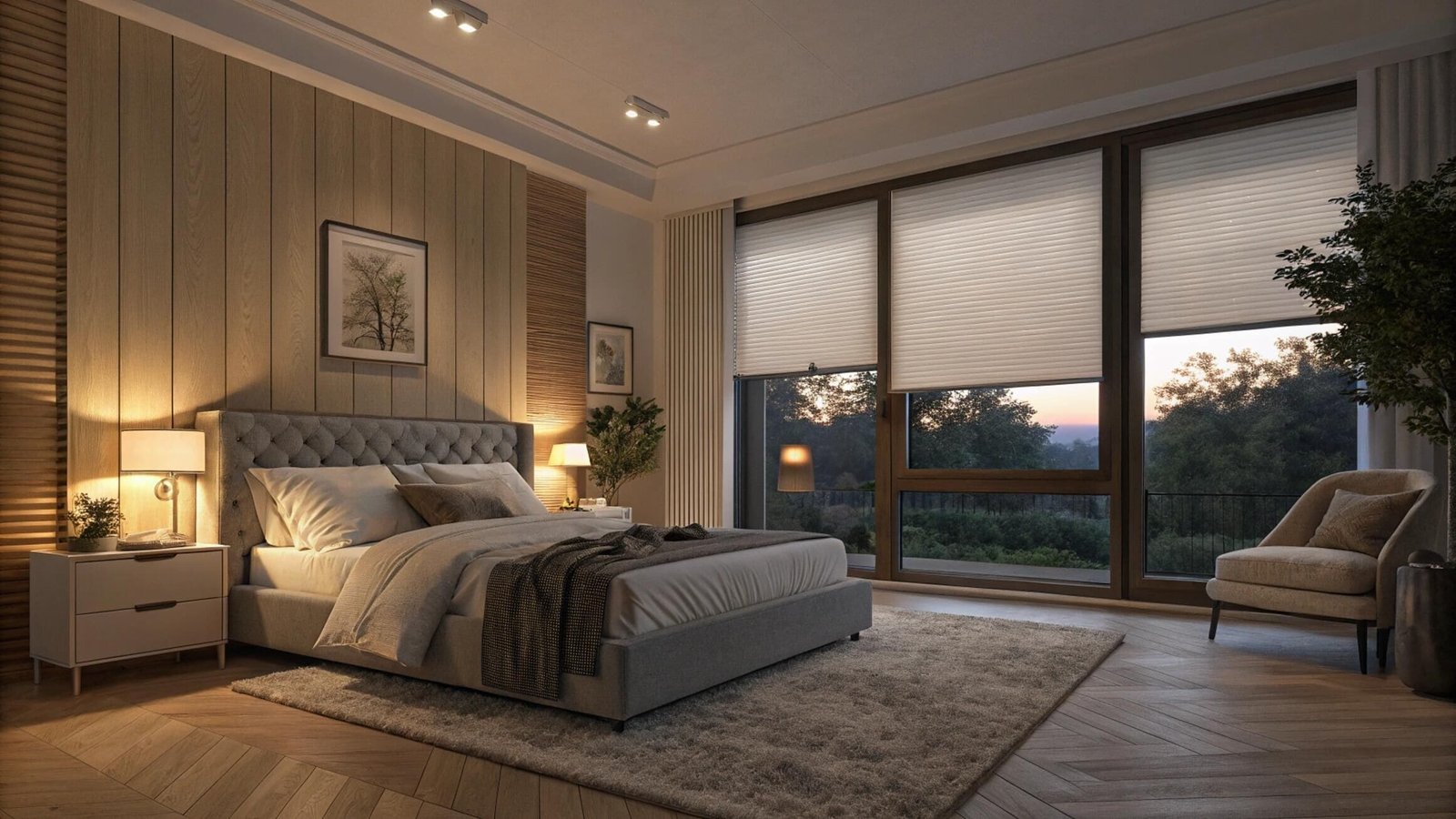 Top-down cellular shades providing morning light and privacy in a luxury modern bedroom.