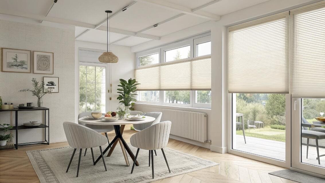 Top-down bottom-up cellular shades in a bright, contemporary dining room.