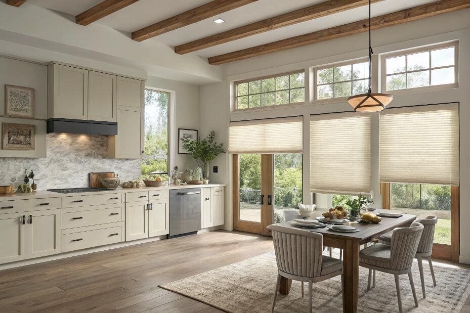 Energy-efficient cellular shades provide a unified look for a bright, modern farmhouse kitchen.