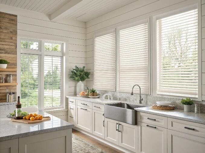 White faux-wood blinds in a bright, farmhouse kitchen with a stainless sink.