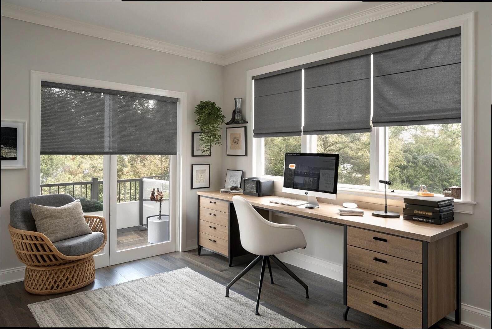 Dark glare-reducing solar shades in a modern home office with a large desk.